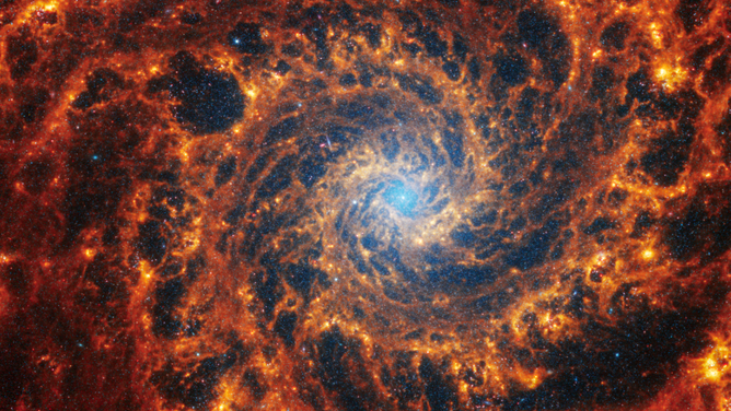 Spiral galaxy NGC 628 is 32 million light-years away in the constellation Pisces. Webb’s image of NGC 628 shows a densely populated face-on spiral galaxy anchored by its central region, which has a light blue haze that takes up about a quarter of the view. In this circular core is the brightest blue area. Within the core are populations of older stars, represented by many pinpoints of blue light. Spiny spiral arms made of stars, gas, and dust also start at the center, largely starting in the wider area of the blue haze. The spiral arms extend to the edges, rotating counterclockwise. The spiraling filamentary structure looks somewhat like a cross section of a nautilus shell. The arms of the galaxy are largely orange, ranging from dark to bright orange. Scattered across the packed scene are some additional bright blue pinpoints of light, which are stars spread throughout the galaxy. In areas where there is less orange, it is darker, and some dark regions look more circular. A prominent dark 